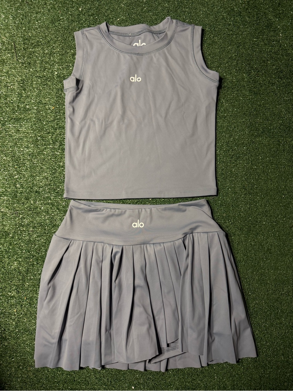 ALO Yoga Slate Gray Tank & Pleated Skort Set